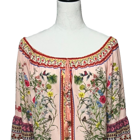 Umgee Bell Sleeve Off the Shoulder Top Medium Pink Floral Tassel Boho Festival - Picture 1 of 10